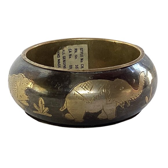 Lucky Elephant and Tiger Brass Chunky Wide Engraved Japanned Bangle Bracelet - Picture 3 of 6
